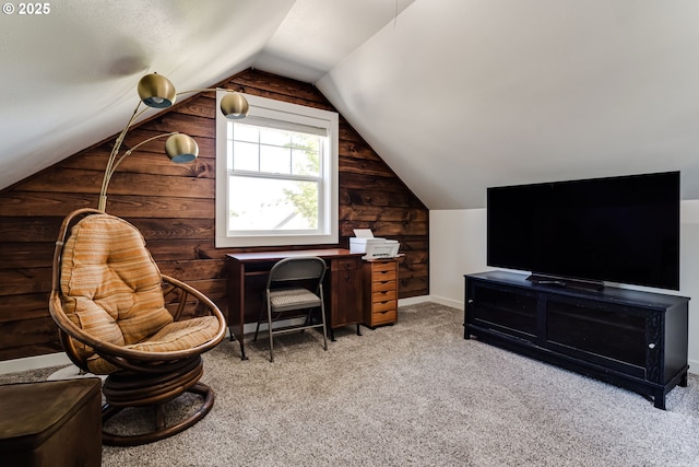 4675 Symphony Dr, Eugene, OR 97404 - sitting room featuring wooden walls, vaulted ceiling, and carpet