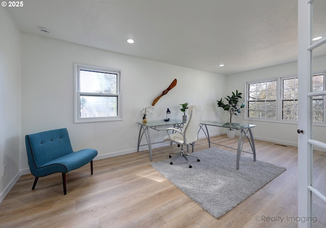 office space with light wood finished floors, a wealth of natural light, and baseboards