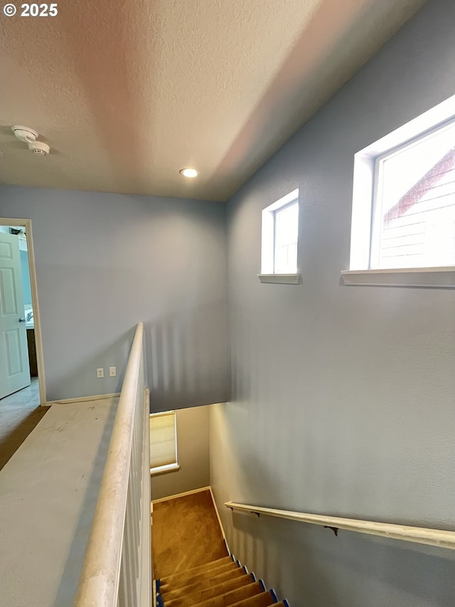 6230 SW Zabaco Ter, Beaverton, OR 97078 - staircase with a textured ceiling, carpet flooring, baseboards, and recessed lighting