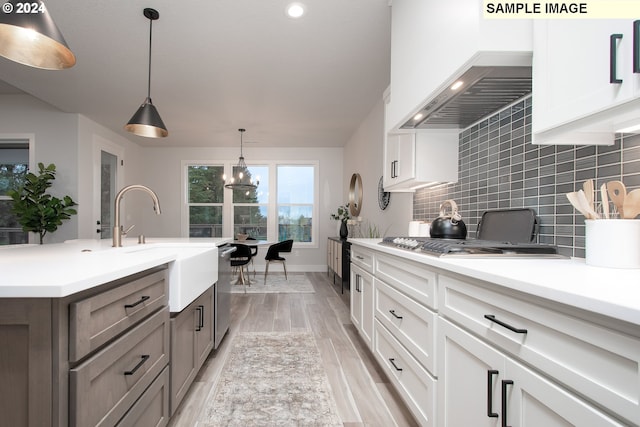 kitchen with backsplash, wood tiled floor, light countertops, custom exhaust hood, and stainless steel appliances