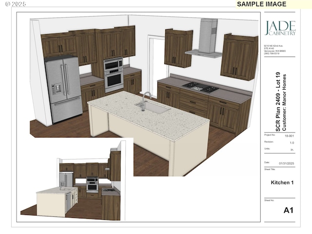 kitchen with dark wood-type flooring, a kitchen island with sink, a sink, stainless steel appliances, and wall chimney exhaust hood