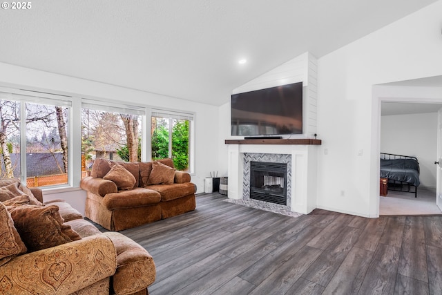 living room with a premium fireplace, lofted ceiling, hardwood / wood-style flooring, and a healthy amount of sunlight