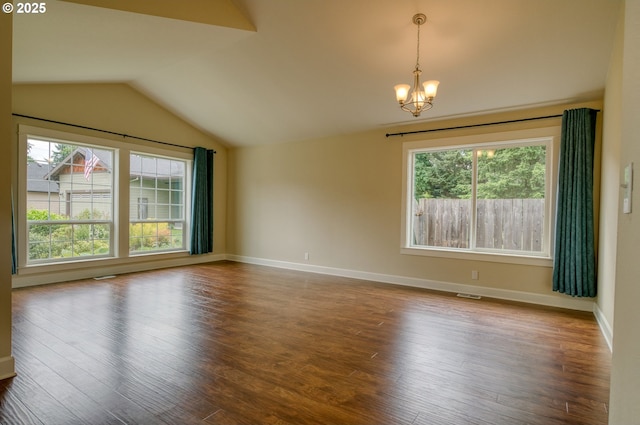 2639 Sykes Rd, Saint Helens, OR 97051 - unfurnished room with healthy amount of natural light, a chandelier, wood finished floors, and lofted ceiling