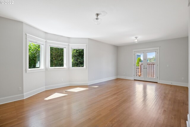 spare room with french doors, light hardwood / wood-style flooring, and a wealth of natural light