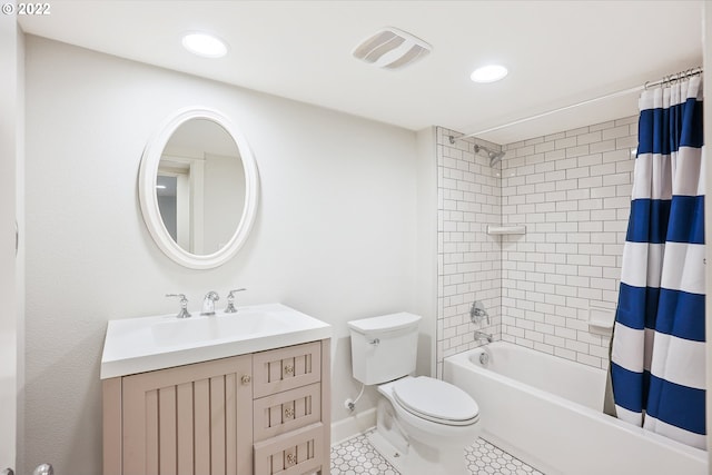 full bathroom with tile patterned flooring, vanity, toilet, and shower / bathtub combination with curtain