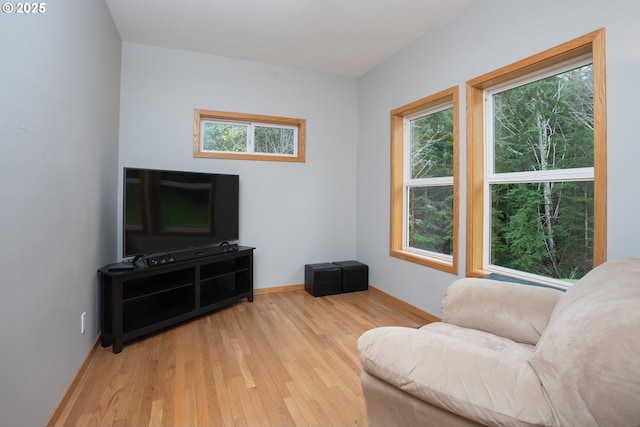 living area featuring wood finished floors and baseboards