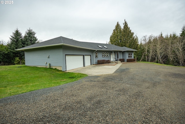 ranch-style house featuring an attached garage, driveway, a front lawn, and roof with shingles