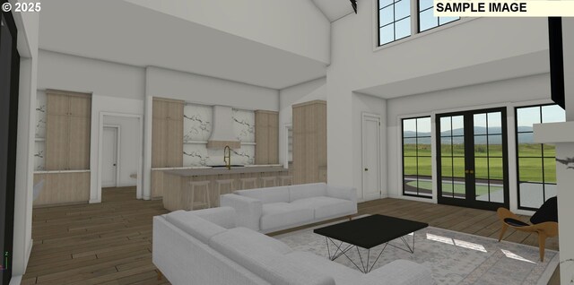 living room featuring hardwood / wood-style flooring, a healthy amount of sunlight, a mountain view, and french doors