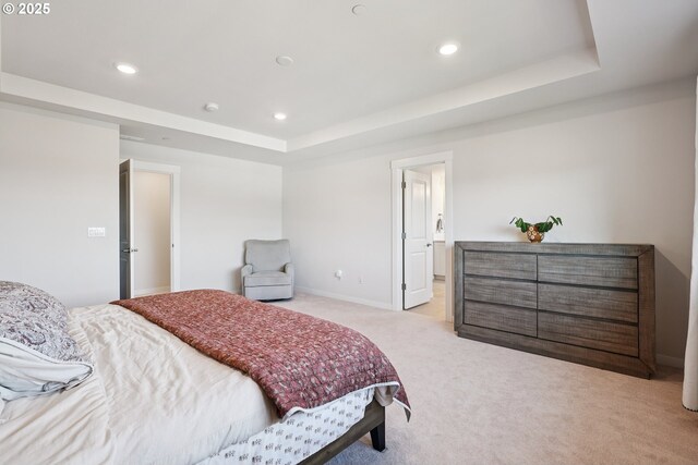 12545 SW Palermo St, Wilsonville, OR 97070 - bedroom with light colored carpet, a tray ceiling, recessed lighting, and baseboards