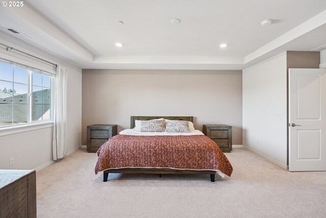 12545 SW Palermo St, Wilsonville, OR 97070 - bedroom featuring light colored carpet, baseboards, recessed lighting, and a tray ceiling