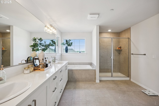 12545 SW Palermo St, Wilsonville, OR 97070 - full bath with a bath, double vanity, a stall shower, tile patterned floors, and recessed lighting