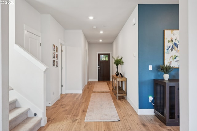 12545 SW Palermo St, Wilsonville, OR 97070 - foyer with light wood finished floors, recessed lighting, baseboards, and stairs