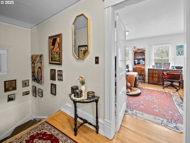 hallway featuring wood finished floors, baseboards, and ornamental molding