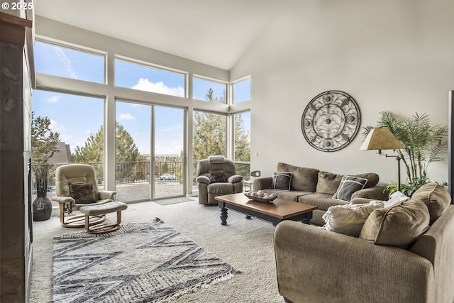 carpeted living room with high vaulted ceiling