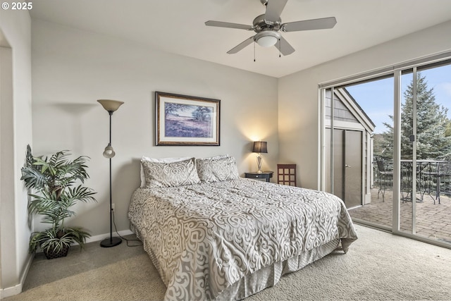 bedroom featuring access to exterior, light colored carpet, and ceiling fan