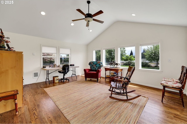 sitting room featuring recessed lighting, ceiling fan, visible vents, and wood finished floors