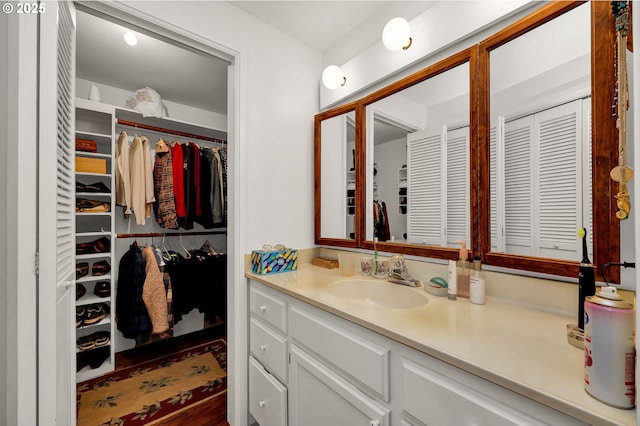 bathroom with vanity and a walk in closet