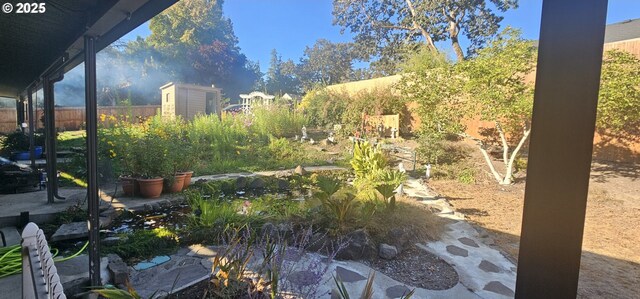 view of yard featuring a storage shed