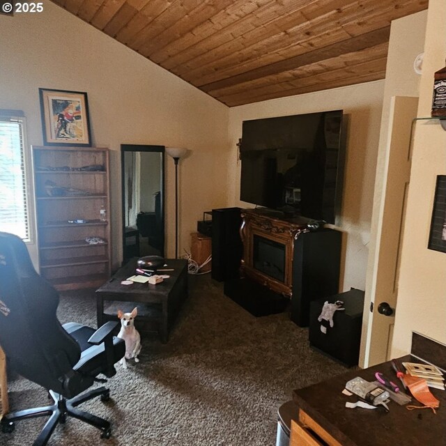 living room with lofted ceiling, carpet floors, and wooden ceiling