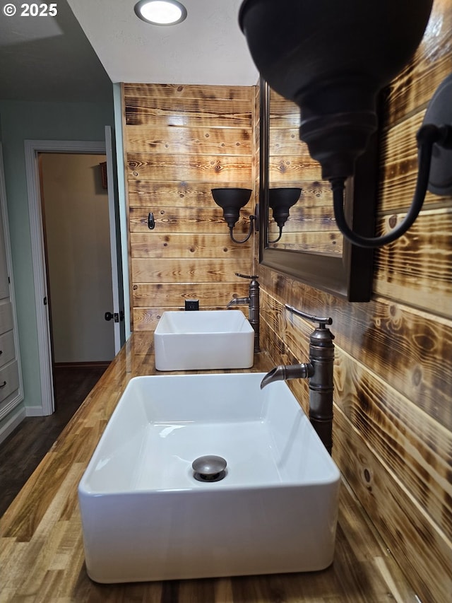 bathroom with wooden walls, sink, and hardwood / wood-style floors