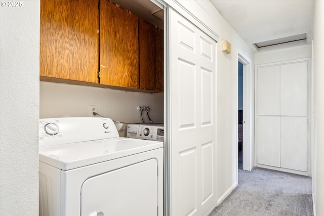18366 SW Jann Dr, Beaverton, OR 97003 - laundry area with cabinet space, light colored carpet, and washer and dryer