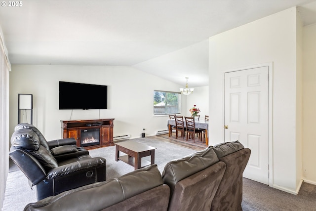 18366 SW Jann Dr, Beaverton, OR 97003 - carpeted living room featuring a baseboard radiator, a chandelier, vaulted ceiling, a glass covered fireplace, and baseboards