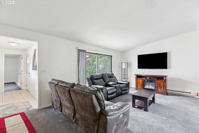 18366 SW Jann Dr, Beaverton, OR 97003 - living area featuring a baseboard radiator, carpet, lofted ceiling, a glass covered fireplace, and baseboards