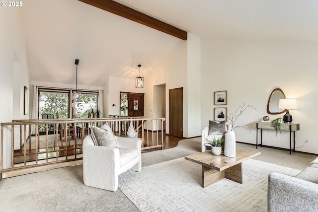 9080 NW Sherry Ct, Portland, OR 97229 - carpeted living room featuring high vaulted ceiling and beam ceiling