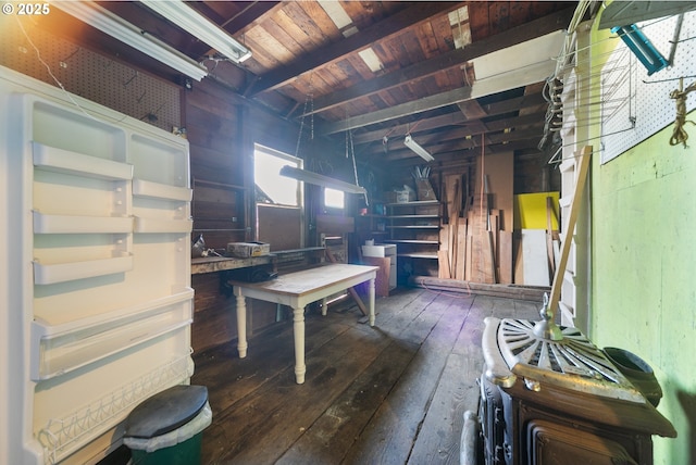 miscellaneous room featuring wooden ceiling, beamed ceiling, and hardwood / wood-style flooring