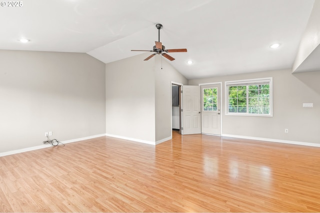 unfurnished room with a ceiling fan, recessed lighting, light wood-style floors, baseboards, and vaulted ceiling