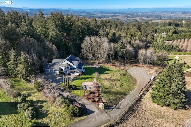 birds eye view of property with a forest view