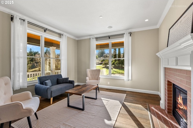 living area featuring baseboards, ornamental molding, wood finished floors, a fireplace, and recessed lighting