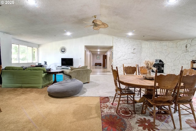 29882 S Hult Rd, Colton, OR 97017 - carpeted dining area with a textured ceiling, ceiling fan, lofted ceiling, and recessed lighting