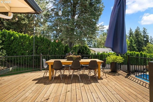 10701 SE Stevens Way, Happy Valley, OR 97086 - wooden terrace with outdoor dining space and view of scattered trees