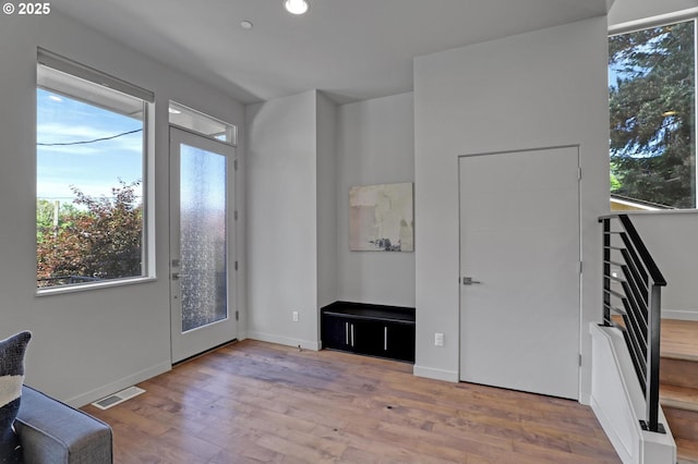 entryway featuring healthy amount of natural light, wood finished floors, and baseboards