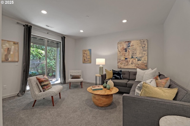 living room featuring recessed lighting, carpet flooring, and baseboards
