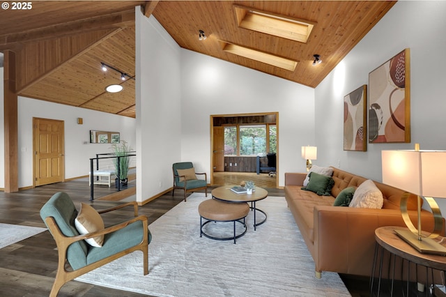 3758 Pine Canyon Dr, Eugene, OR 97405 - living area with wooden ceiling, high vaulted ceiling, wood finished floors, and a skylight