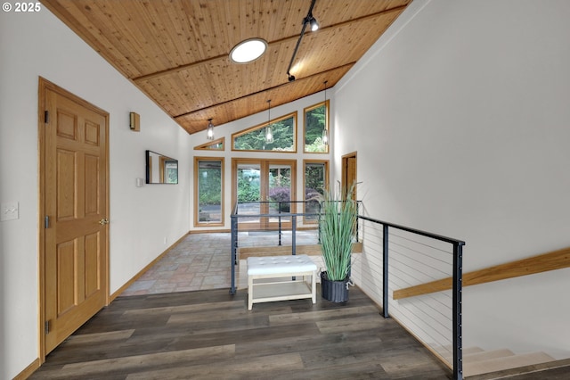 3758 Pine Canyon Dr, Eugene, OR 97405 - hall with wood ceiling, high vaulted ceiling, an upstairs landing, wood finished floors, and baseboards