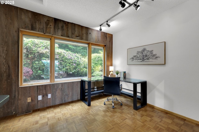 3758 Pine Canyon Dr, Eugene, OR 97405 - home office with wood walls, baseboards, a textured ceiling, and rail lighting
