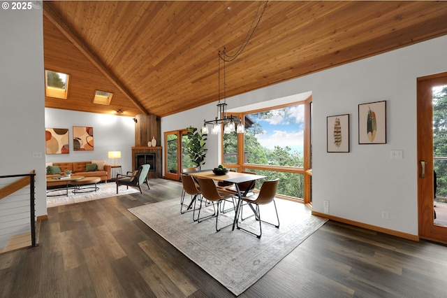 3758 Pine Canyon Dr, Eugene, OR 97405 - dining room with a fireplace, high vaulted ceiling, dark wood-style flooring, wood ceiling, and baseboards