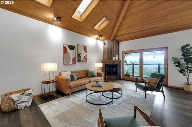 3758 Pine Canyon Dr, Eugene, OR 97405 - living area featuring baseboards, high vaulted ceiling, wood finished floors, wood ceiling, and a skylight