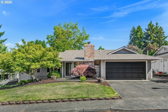 11595 SW Fairview Ln, Tigard, OR 97223 - ranch-style house with a garage, a chimney, driveway, a front lawn, and a shingled roof