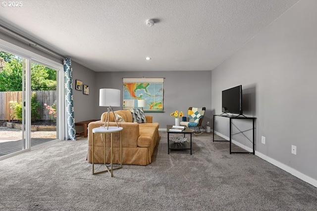 11595 SW Fairview Ln, Tigard, OR 97223 - living area with a textured ceiling, carpet floors, and baseboards
