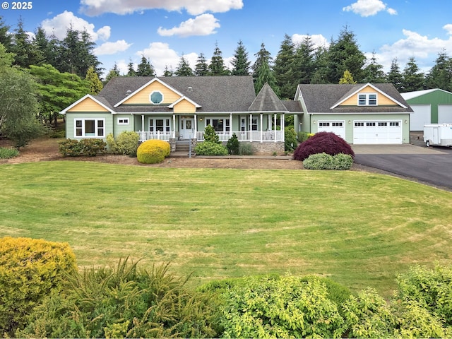 single story home featuring a porch, a garage, and a front lawn