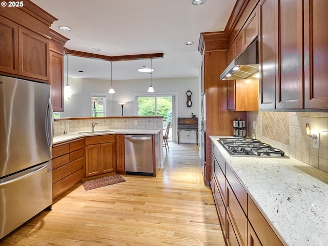 kitchen featuring pendant lighting, decorative backsplash, stainless steel appliances, and exhaust hood