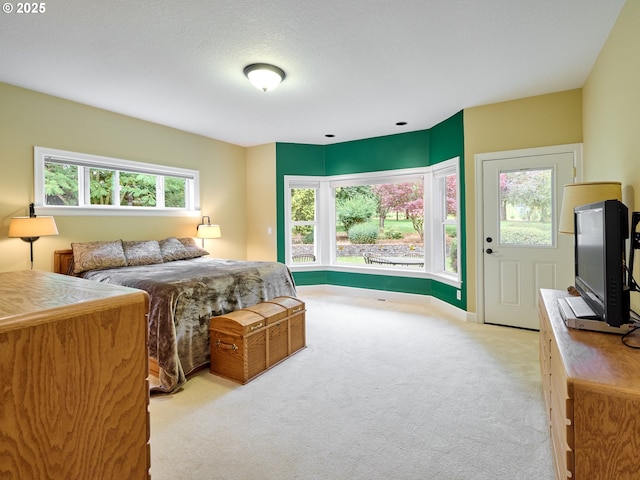 bedroom with a textured ceiling, light colored carpet, and multiple windows