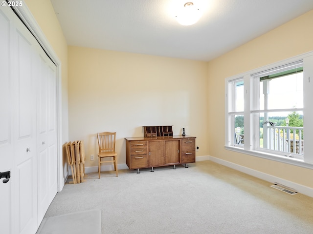 living area with light colored carpet