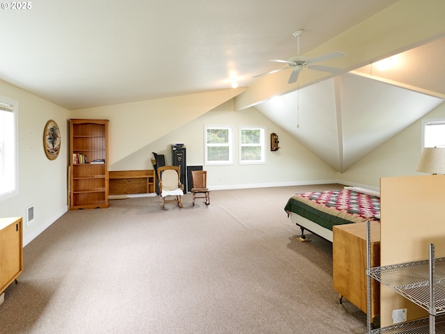 bedroom featuring carpet flooring, ceiling fan, and vaulted ceiling