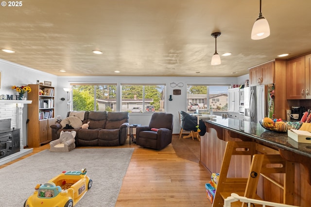 1910 Lincoln St, North Bend, OR 97459 - living room featuring recessed lighting, light wood-style floors, and a fireplace