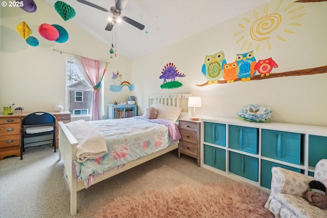 carpeted bedroom featuring a ceiling fan and lofted ceiling